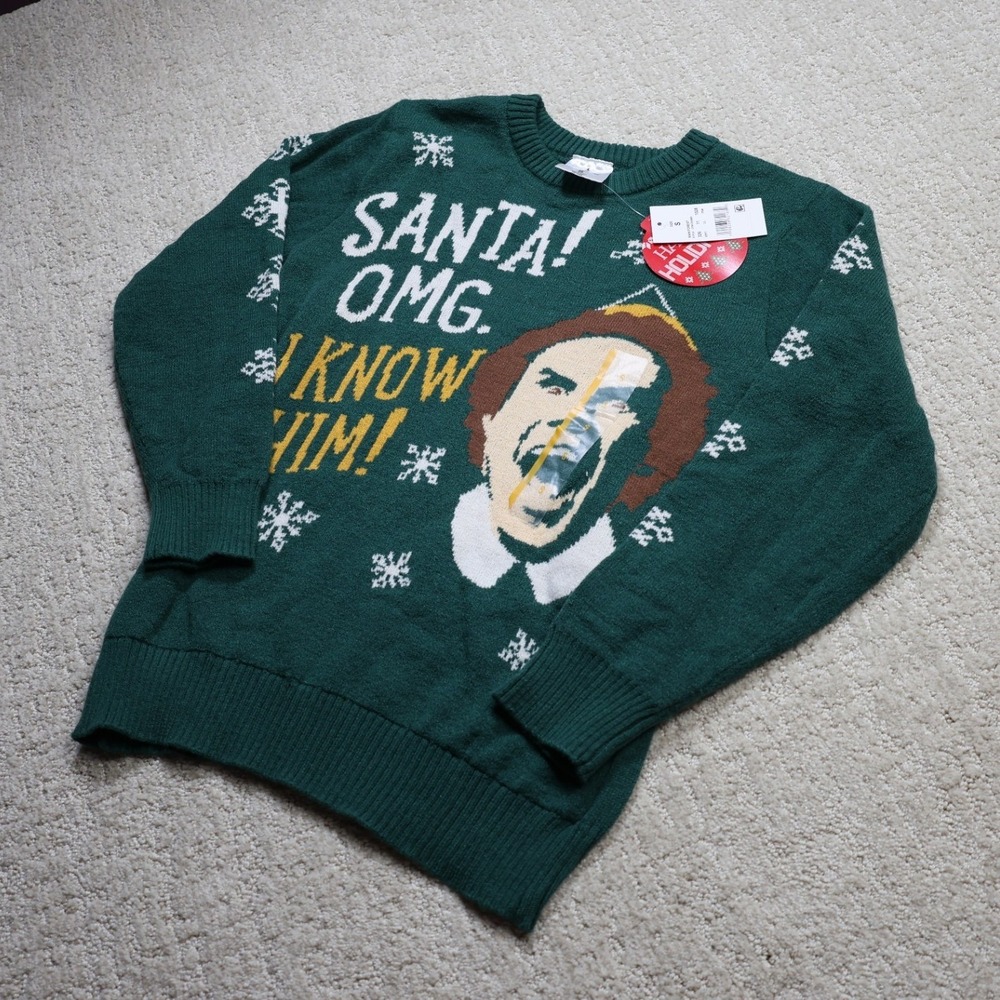 Elf Buddy Santa OMG I Know Him Ugly Christmas Sweater Green 2YWCB0065 Small